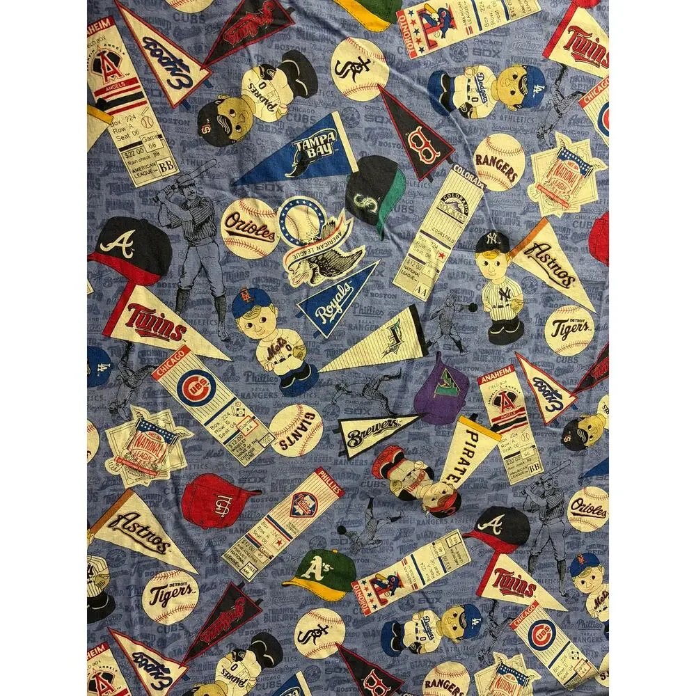 Vintage MLB Baseball Favric All Team Pennant Mascot Ticket Stub Cotton Quilt VTG